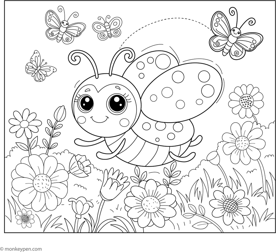 Ladybug with Flowers | Free Coloring Pages for Kids