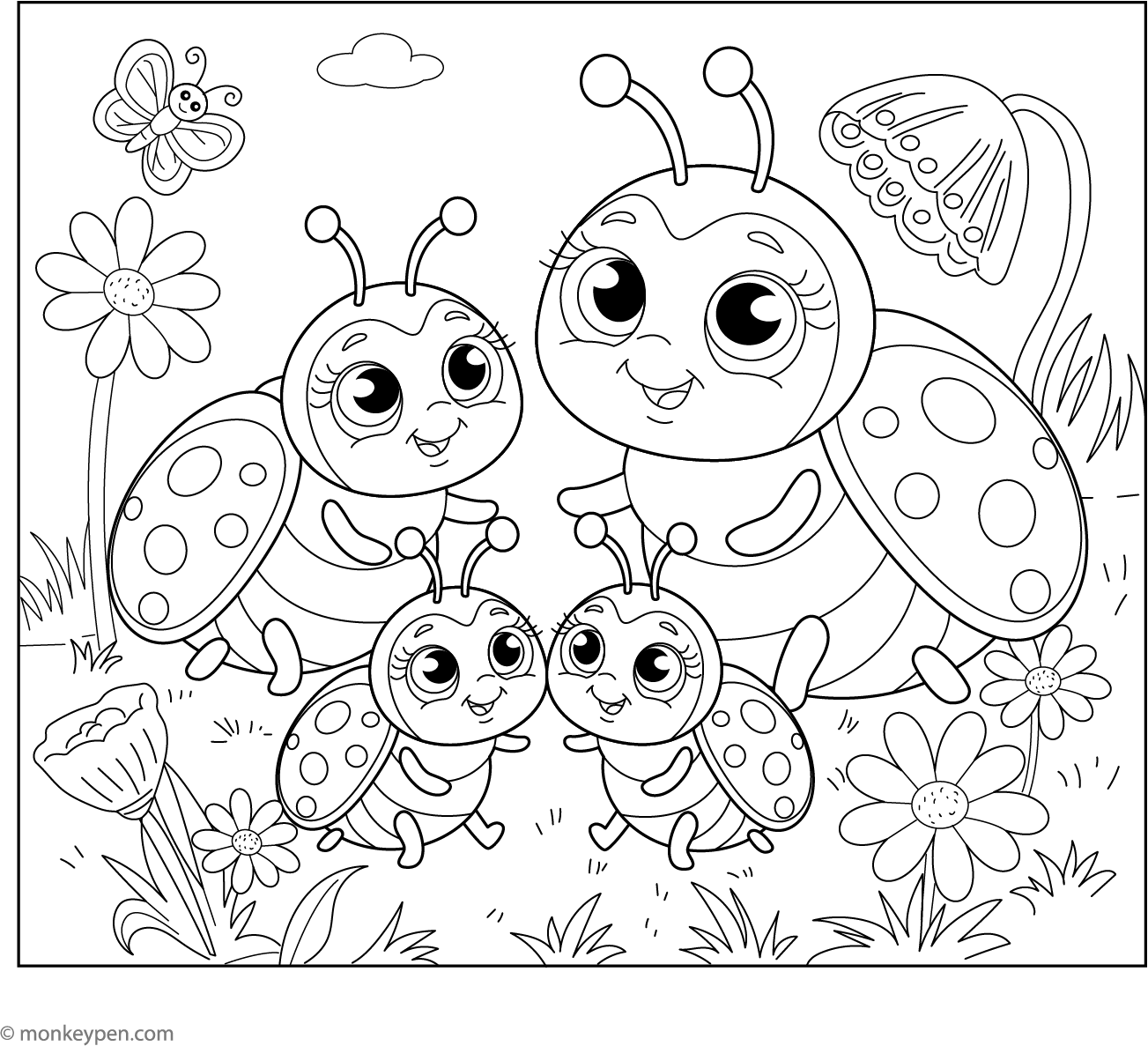 Ladybug Color In Family of Ladybugs - Printable Coloring Page PDF