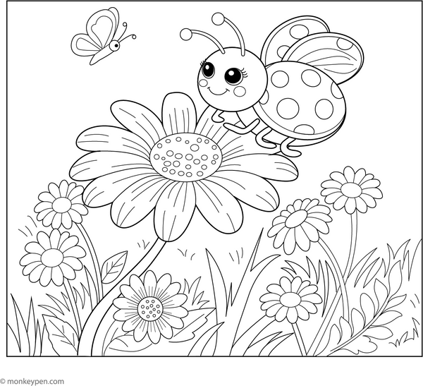 Ladybug on a Daisy | Free Coloring Page