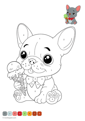 Free downloadable color-by-number worksheet featuring a cheerful dog holding an ice cream cone, with numbered sections guiding kids to color the dog, treat, and bright background—perfect for summer fun and learning through coloring.