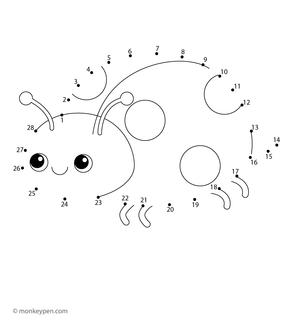 Children’s worksheet with dots forming a cartoon ladybug with wings and spots for connecting and coloring