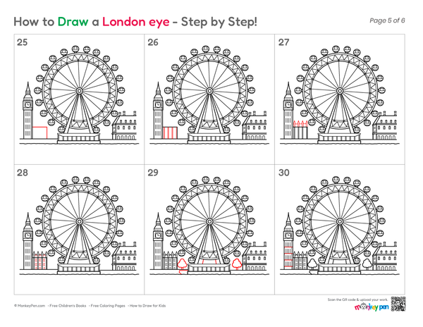 Cute London Eye illustration for children to color and enjoy.