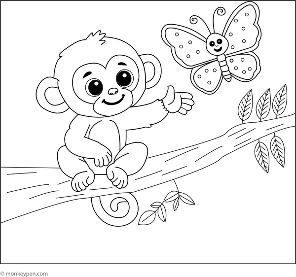 Monkey and Butterfly | Free Coloring Page