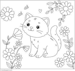 Cat in Flower Garden Coloring Page