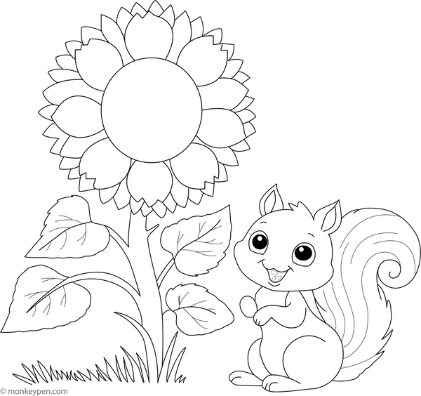 Printable Sunflower and a Playful Squirrel Coloring Page