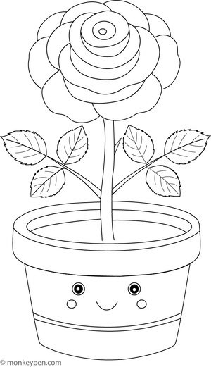 Smiling Rose in a Flower Pot Colouring Page