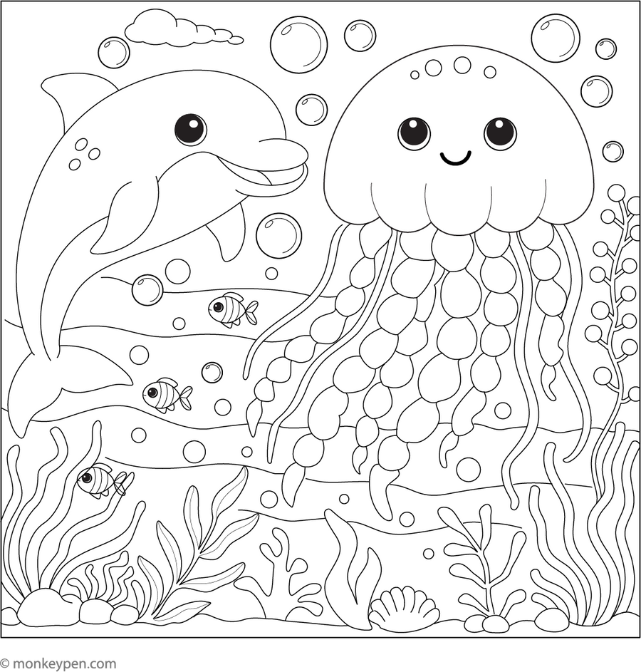 Jellyfish and a Dolphin | Free Coloring Page Printable PDF