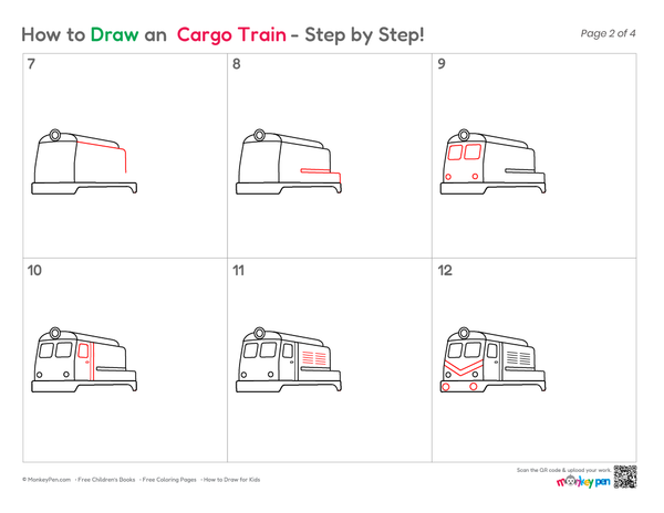 Instructional guide page titled 'How to Draw an Cargo Train - Step by Step!' showing 12 numbered panels with a line drawing of a train evolving into a colored train, on a white background.