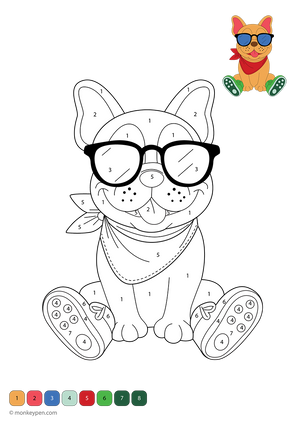 Free downloadable color-by-number worksheet featuring a cute French Bulldog with numbered sections on its ears, face, and eyes—ideal for kids to enjoy creative coloring while learning numbers through a pet-themed printable.