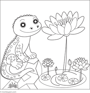 Lizard and Waterlily Coloring Page