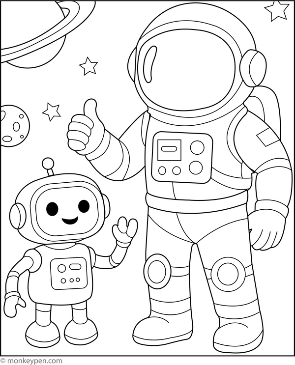 Printable Astronaut and Space Robot Colouring Page