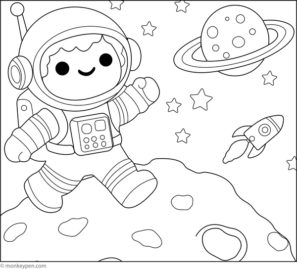 Free Printabl Astronaut Exploring an Asteroid Colouring Page