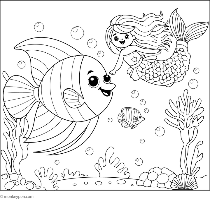 Angelfish and a Mermaid | Free Coloring Page