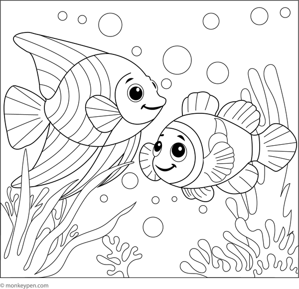 Printable Angelfish and a Clownfish Coloring Page