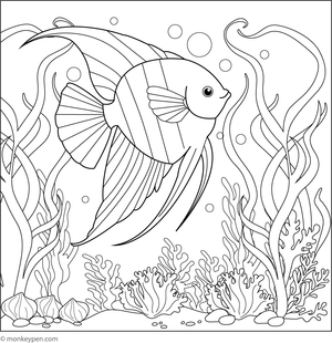 Printable Angelfish in a Kelp Forest Coloring Page