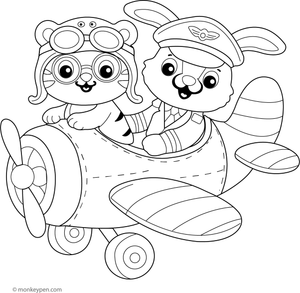 Printable Cute Airplane with Animal Pilots Colouring Page