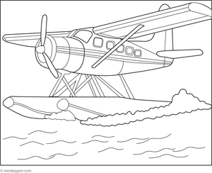 Printable  Seaplane Landing on Lake Colouring Page