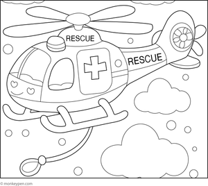 Printable Helicopter Rescue Plane in Action Colouring Page