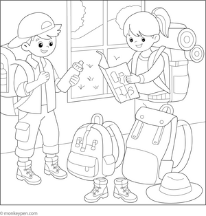 Printable Kids Packing for a Hike Colouring Page