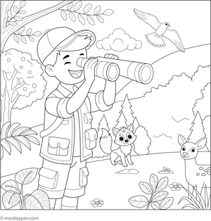 Printable Spying Animals in Hiking Colouring Page