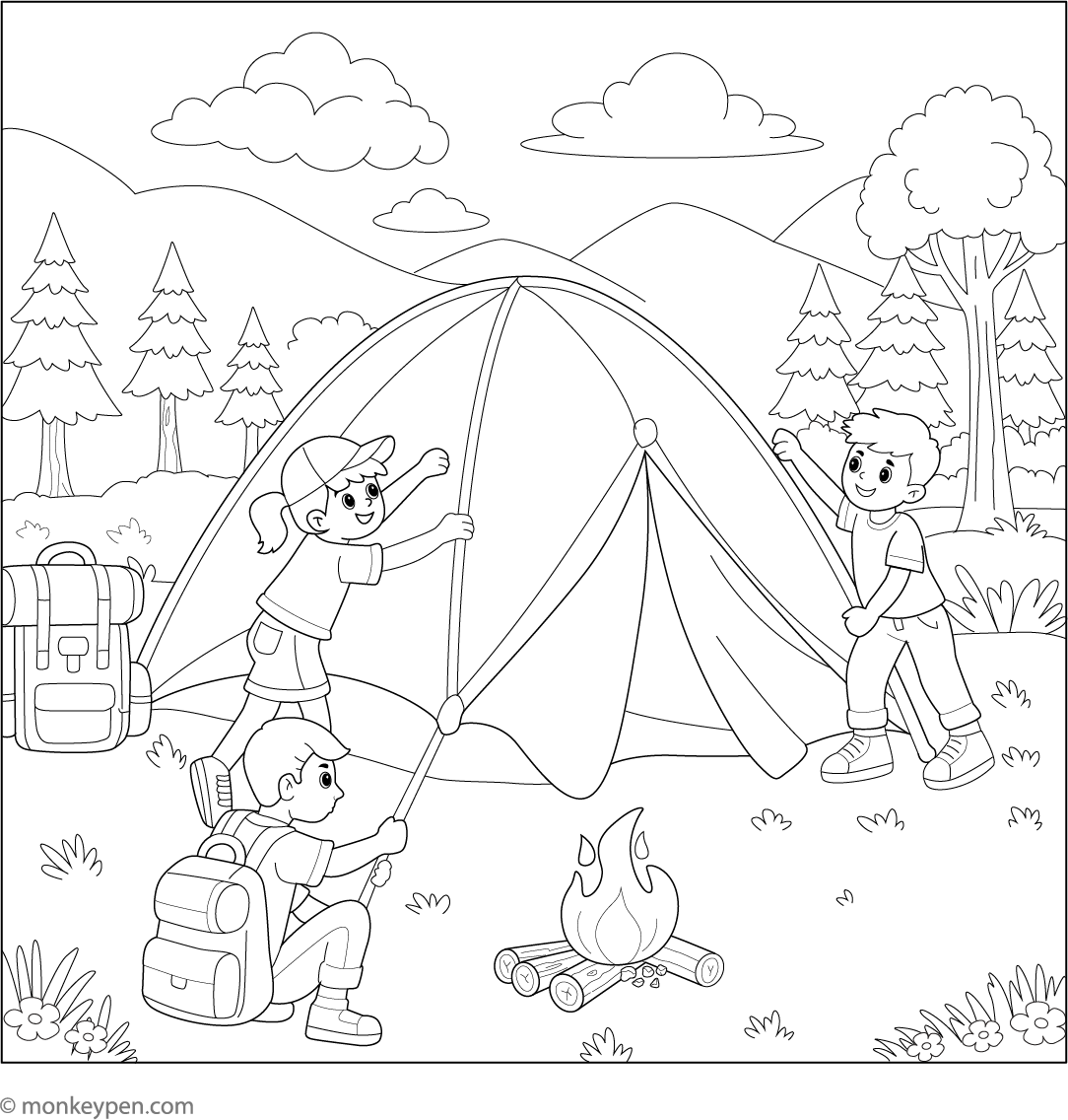 tent colouring pages Kids Setting Tent in Camping