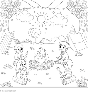 Printable Campfire Scene Colouring Page