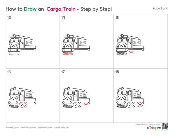 A step-by-step drawing guide titled 'How to Draw an Cargo Train - Step by Step!' 