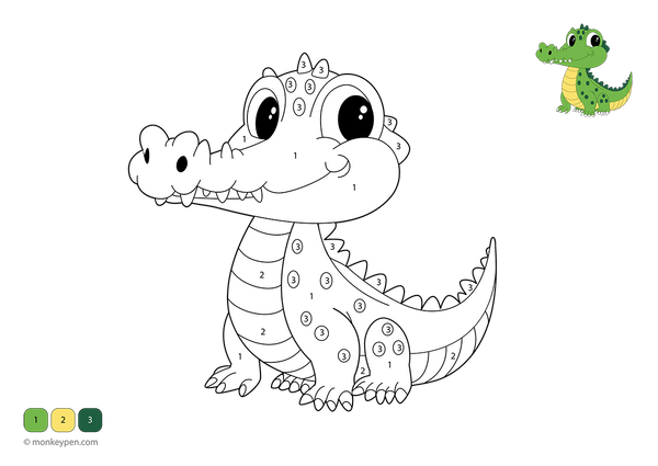 Free downloadable color-by-number worksheet featuring a Garial with a long snout and scaly body in a river scene—kids can follow numbered sections to build number skills while learning about this unique crocodilian species.