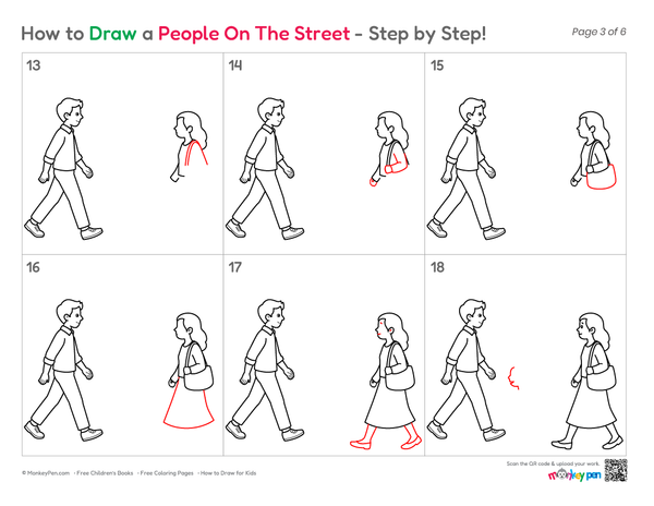 Kids' drawing of people walking on the street.