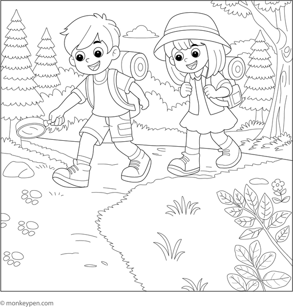 Printable Children Spotting Animal Track Coloring Page