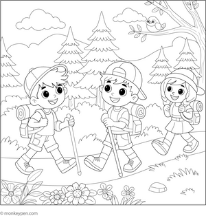 Printable Children Going Hiking Coloring Page