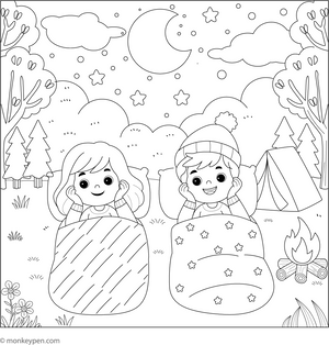 Printable Kids Sleeping Under Stars in Camping Coloring Page
