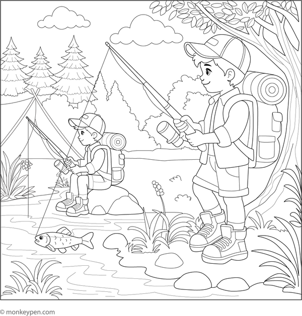 Free Printable Kids Fishing in the Camping Coloring Page