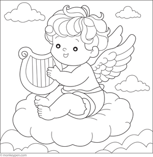 Free Printable Little Cherub with a Harp Coloring Page