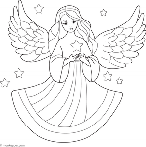 Free Printable Christmas Angel with a Glowing Star Coloring Page