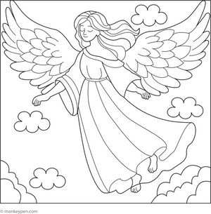 Free Printable Flying Angel with Feathery Wings Coloring Page