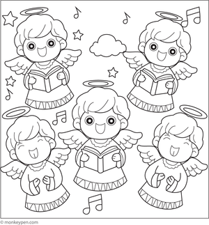 Free Printable Happy Angels Singing Coloring page