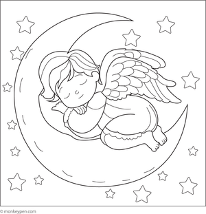 Free Printable Sleeping Angel on a Crescent Moon Coloring Page