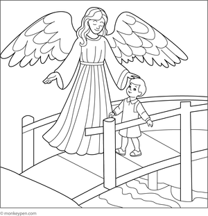 Free Printable Guardian Angel Guiding Children Across a Bridge Coloring Page