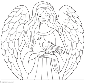 Printable Angel Holding a Dove of Peace for children Coloring Page