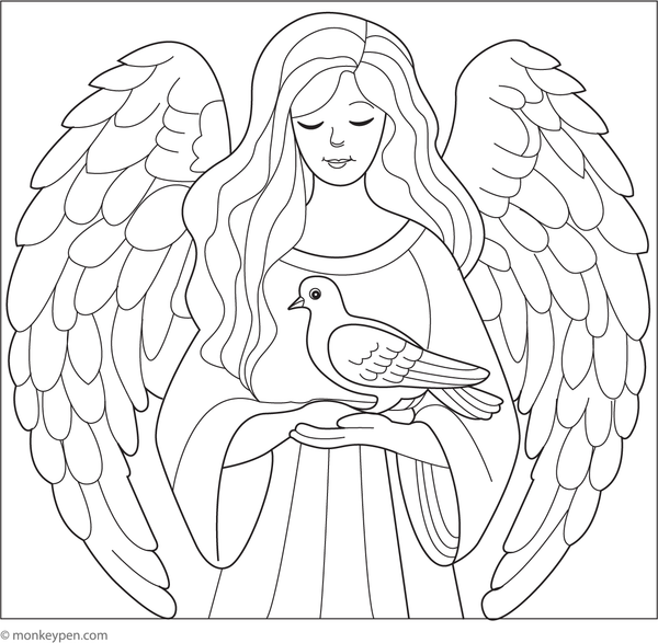 Printable Angel Holding a Dove of Peace for children Coloring Page