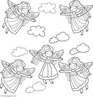 Printable Angels Dancing Among the Clouds Coloring Page
