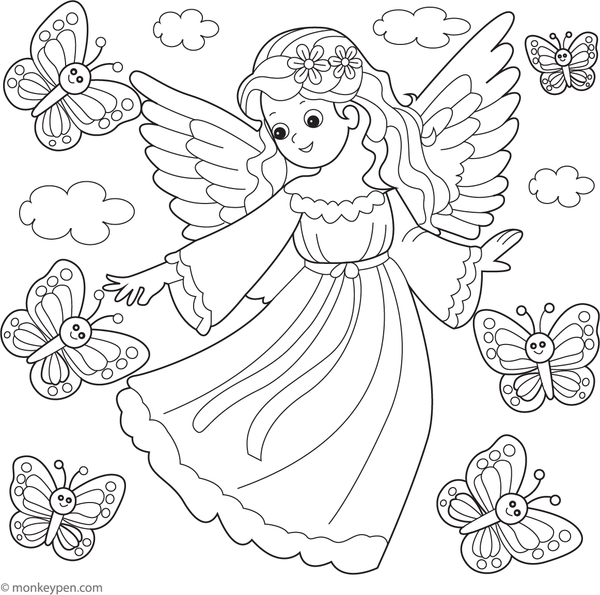 Printable Angel Playing with Butterflies Coloring Page
