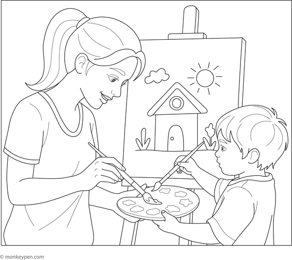 Printable  Mother and Child Painting Together Coloring Image for Kids