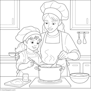 Printable Mum and Child Cooking Together Coloring Sheet for Kids