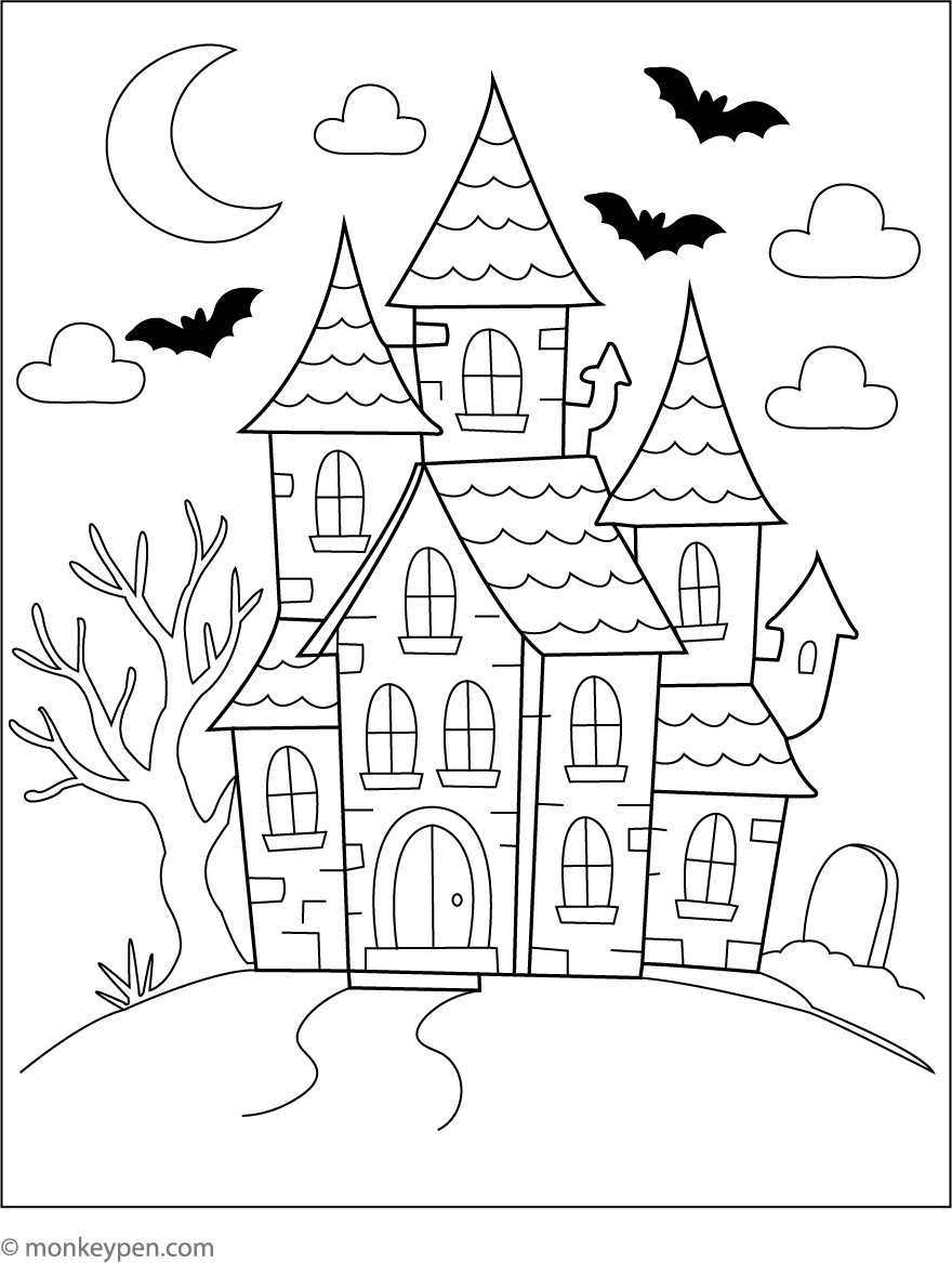 Haunted House with Glowing Windows Free Coloring Page