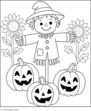 Free Printable Scarecrow in a Pumpkin Patch Coloring Picture