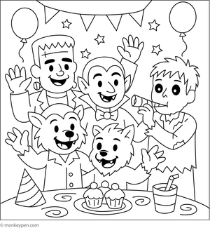 Prntable Monster Friends Party Coloring Image for Kids