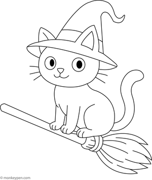 Printable Witch’s Cat with a Pointy Hat Coloring Image