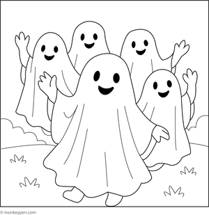 Printable Kids in a Ghost Costume Coloring Image